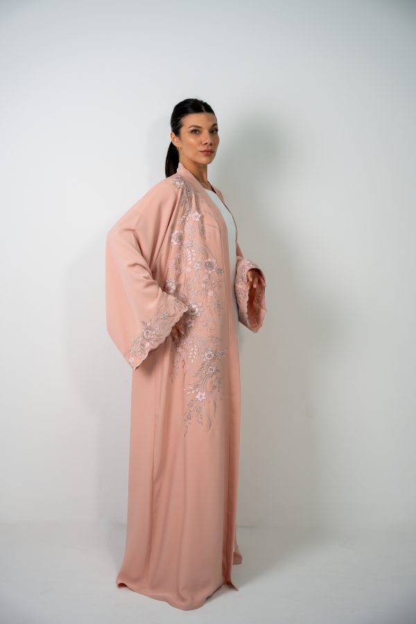 Peach Pink Abaya with Floral Embroidery - Image 4