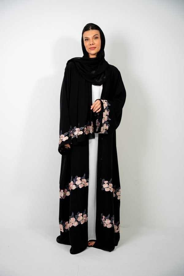 Black Abaya with Pink Flower Embroidery