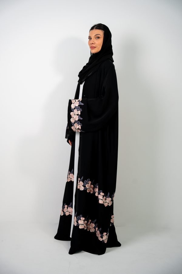 Black Abaya with Pink Flower Embroidery - Image 4