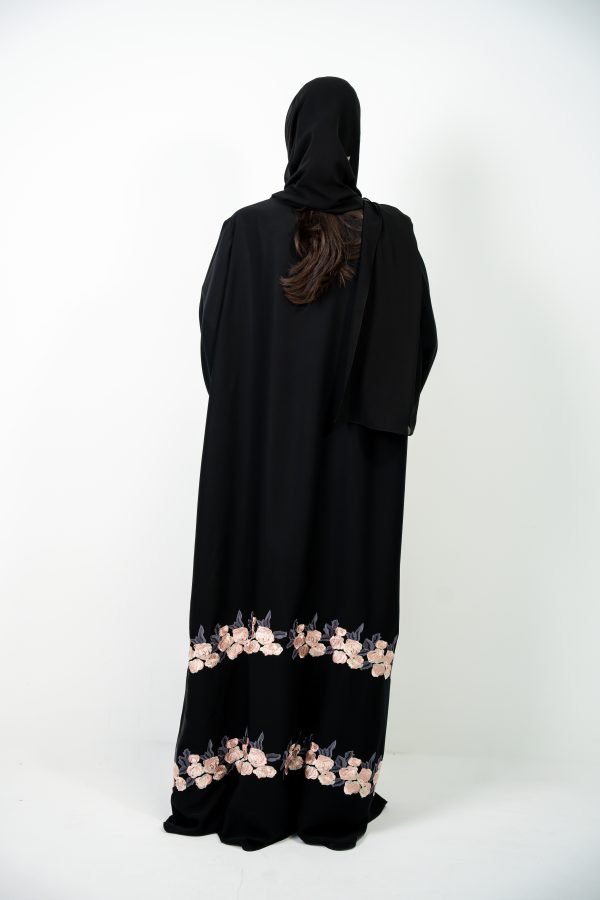 Black Abaya with Pink Flower Embroidery - Image 2