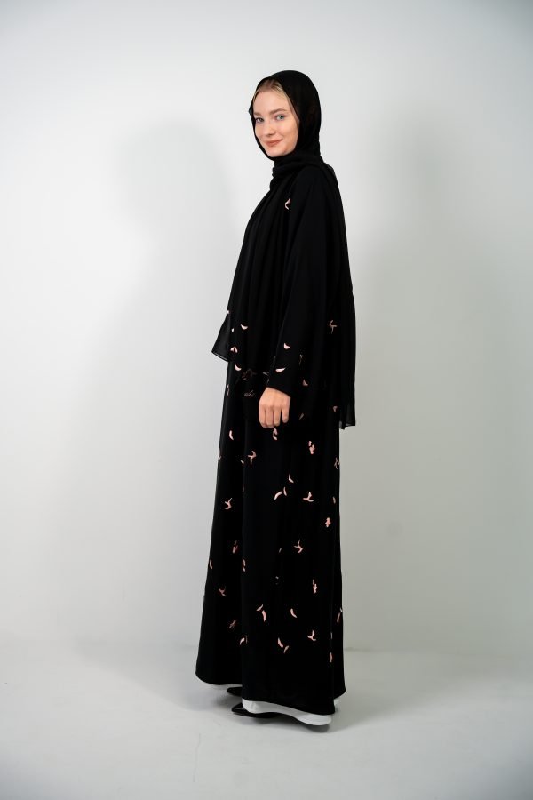 Black Abaya with Pink "Hubba Hubba" Flower Design - Image 4