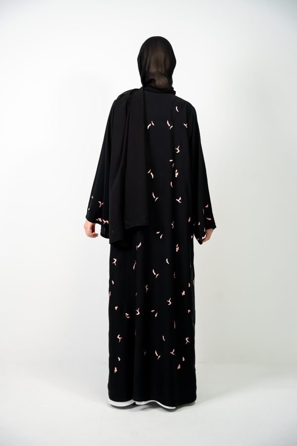 Black Abaya with Pink "Hubba Hubba" Flower Design - Image 2