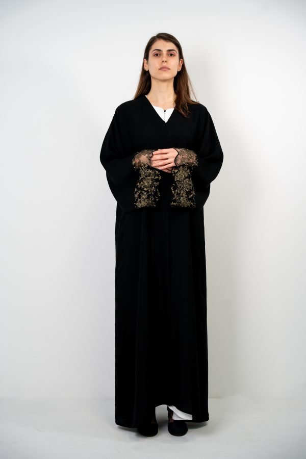 Black Abaya with Gold Dantel Lace & Stones