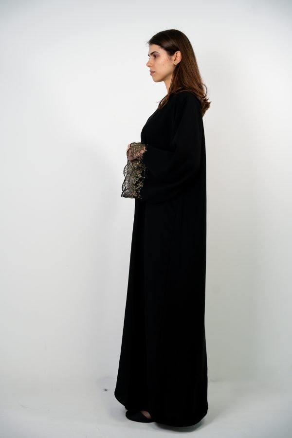 Black Abaya with Gold Dantel Lace & Stones - Image 4