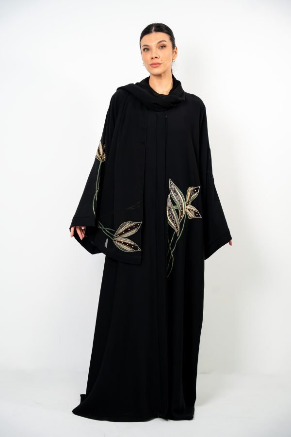 Black Abaya with Floral Accents - Image 3