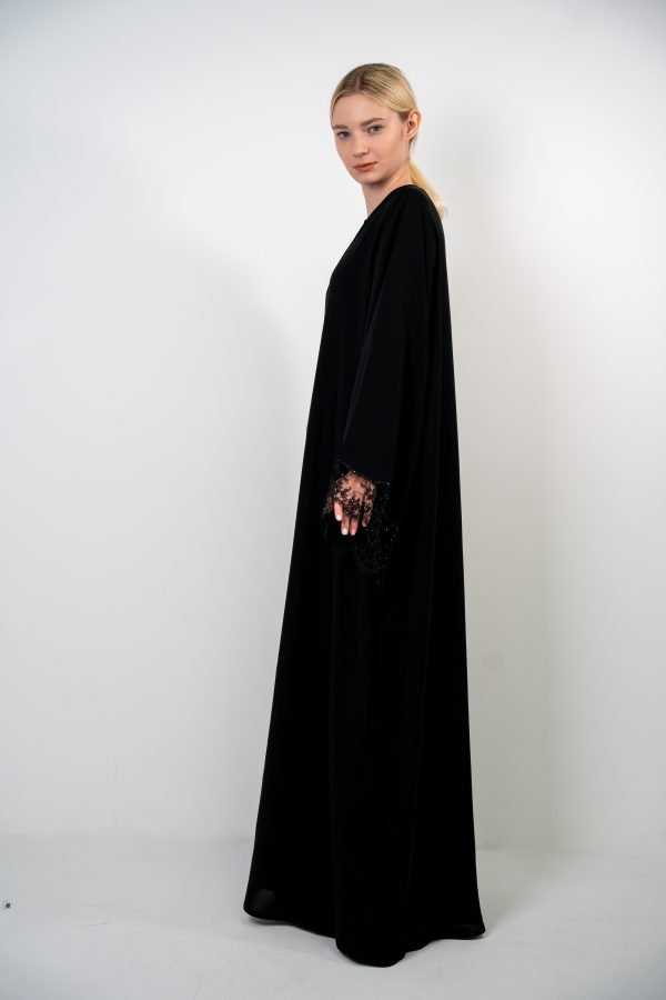 Black Abaya with Lace & Stone Detailing - Image 4