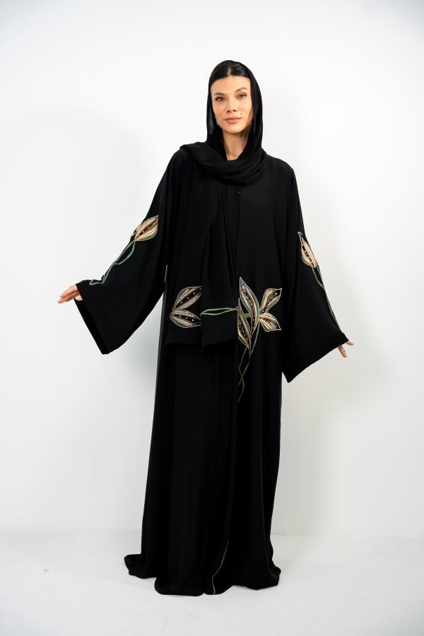 Black Abaya with Floral Accents - Image 5