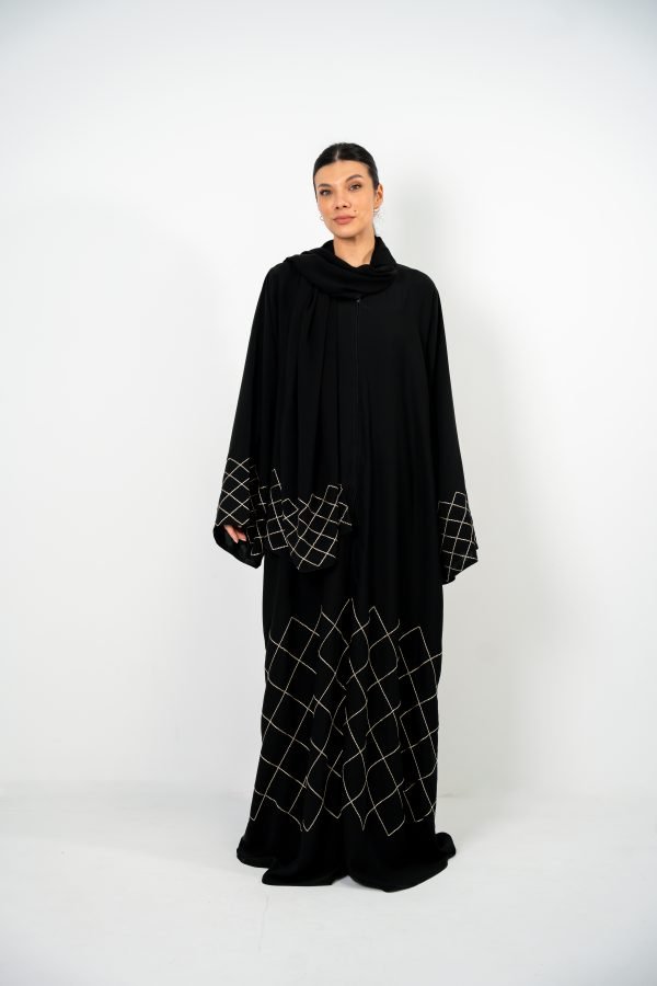 Black Abaya with Gold Line Stitching & Stone Embellishments