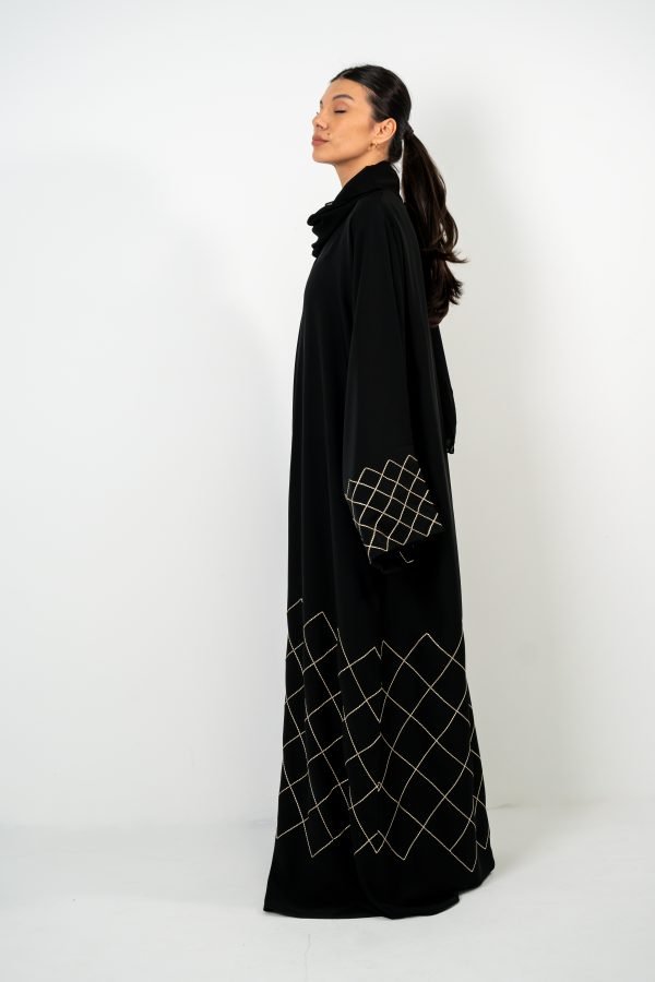 Black Abaya with Gold Line Stitching & Stone Embellishments - Image 3