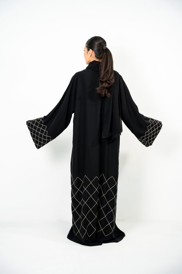 Black Abaya with Gold Line Stitching & Stone Embellishments - Image 2