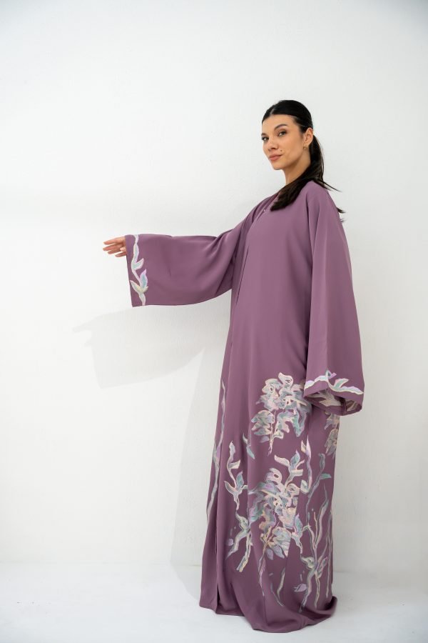 Purple Abaya with White Floral Embellishments - Image 4