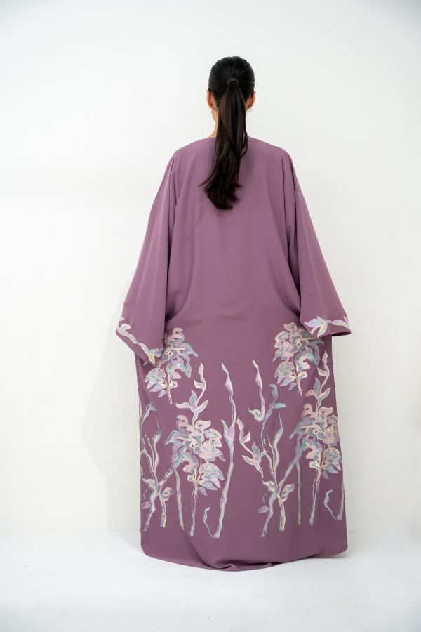 Purple Abaya with White Floral Embellishments - Image 2