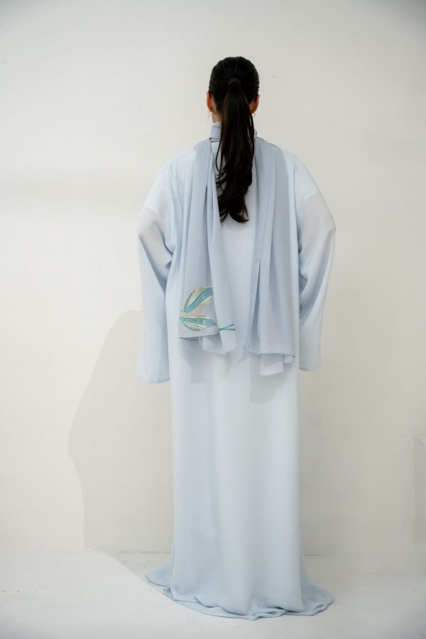 Light Blue Abaya with Blue Floral Accents - Image 2