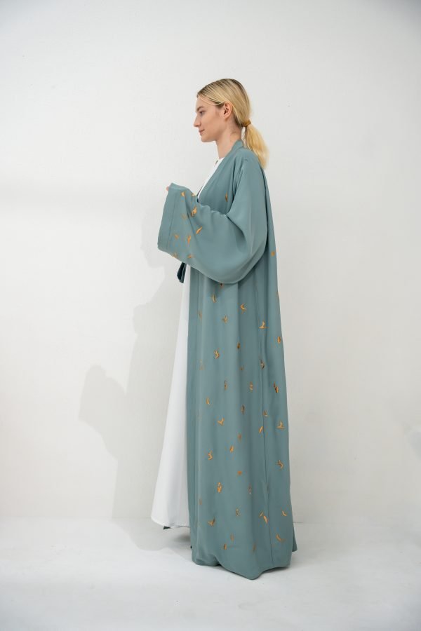 Teal Abaya with Biege "Hubba Hubba" Flower Design - Image 4