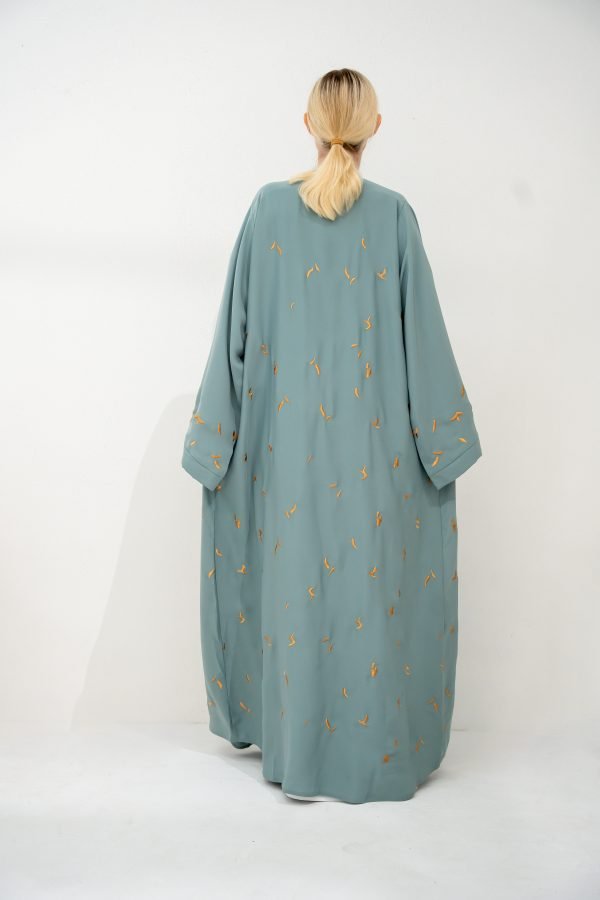 Teal Abaya with Biege "Hubba Hubba" Flower Design - Image 2