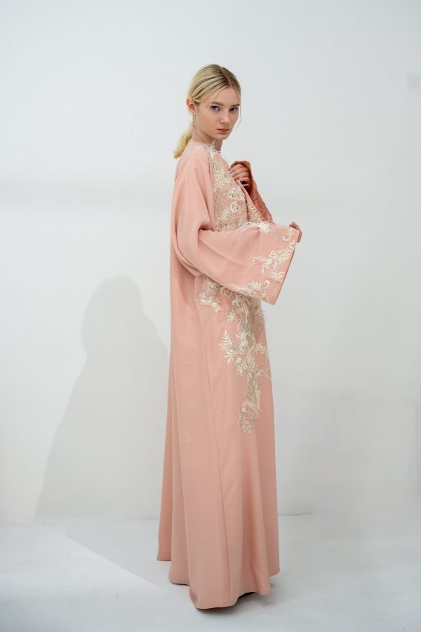 Peach Pink Abaya with Floral & Feather Lace - Image 4