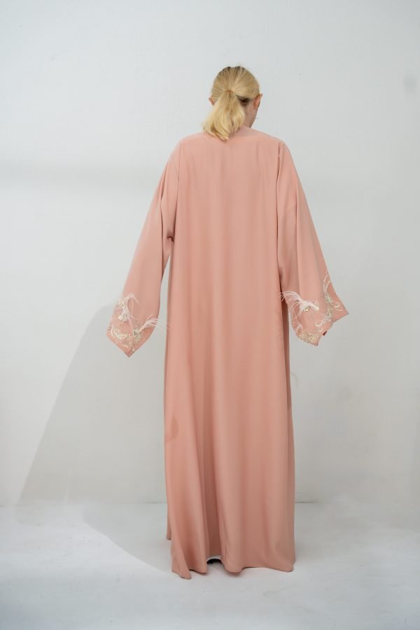 Peach Pink Abaya with Floral & Feather Lace - Image 2