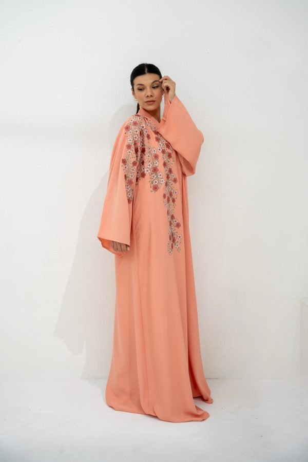 Peach Abaya with Floral Pink Embroidery - Image 4