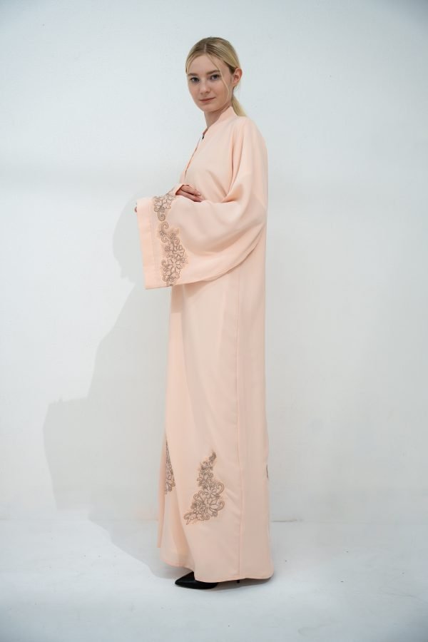 Elegant Apricot Color Abaya with Sleeve & Hem Embroidery - Image 4