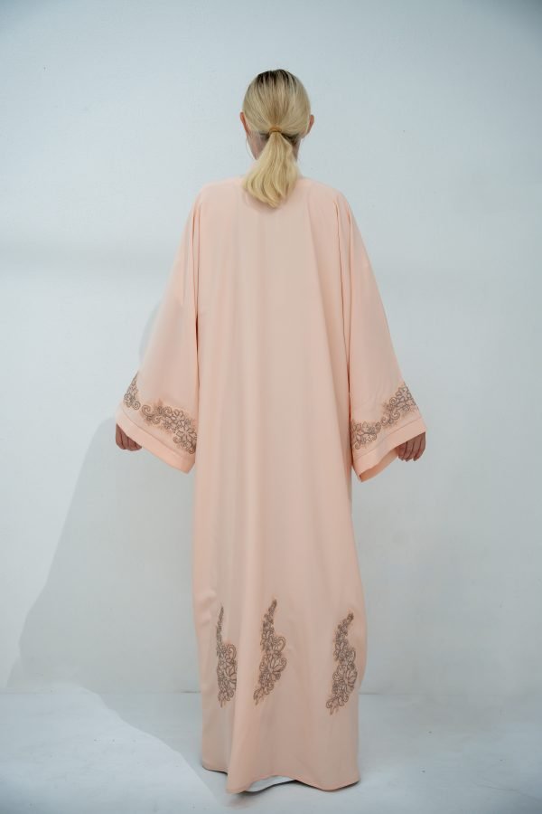 Elegant Apricot Color Abaya with Sleeve & Hem Embroidery - Image 2